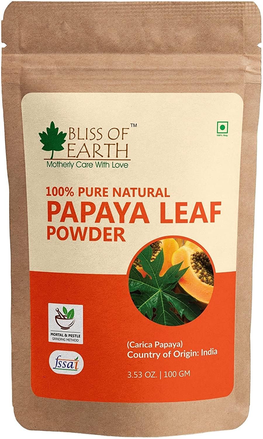 BLISS OF EARTH 100% Pure Papaya Leaf Powder Carica Papaya Helps Digestion & Increases Platelets Anti-Oxidant Skin Rejuvenation 100Gm