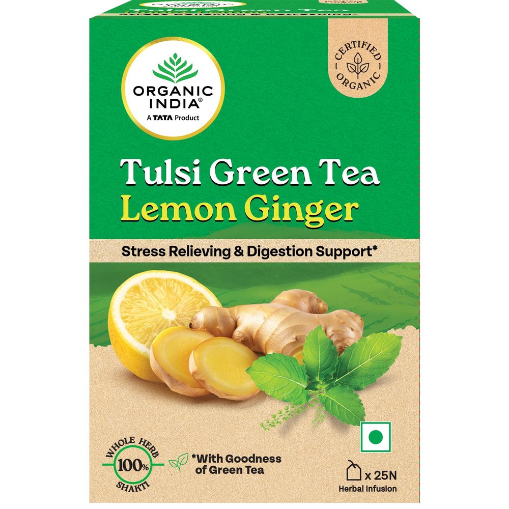 A TATA Product - Organic India Tulsi Green Tea Lemon Ginger - 25 Teabags, Herbal Blend with Green-Tea, Tulsi, Lemon & Ginger, Supports Digestion, Refreshing Taste, Natural Ingredients