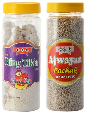cap Hing Tikia Peda & Ajwain Pachak Tasty Healthy Ayurvedic Churan Combo - 190 Grams Each (Pack of 2)
