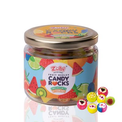Zubi the Fun Candy Fruit Medley Candy Rocks Jar | Enriched with Vitamin C | Handmade Fruit Medley Candies | 8 Exciting Flavours (200g x 6 Jars, 1200gm)