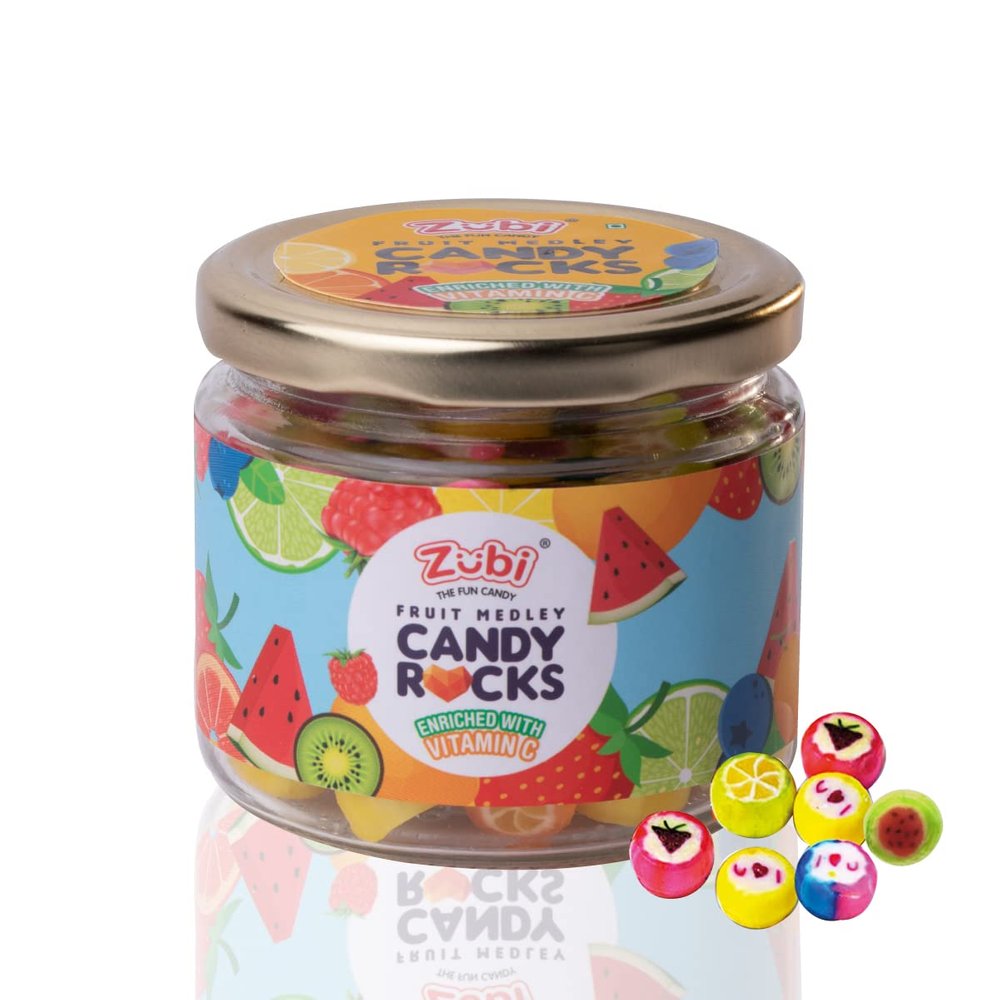 Zubi the Fun Candy Fruit Medley Candy Rocks Jar | Enriched with Vitamin C | Handmade Fruit Medley Candies | 8 Exciting Flavours (200g x 6 Jars, 1200gm)
