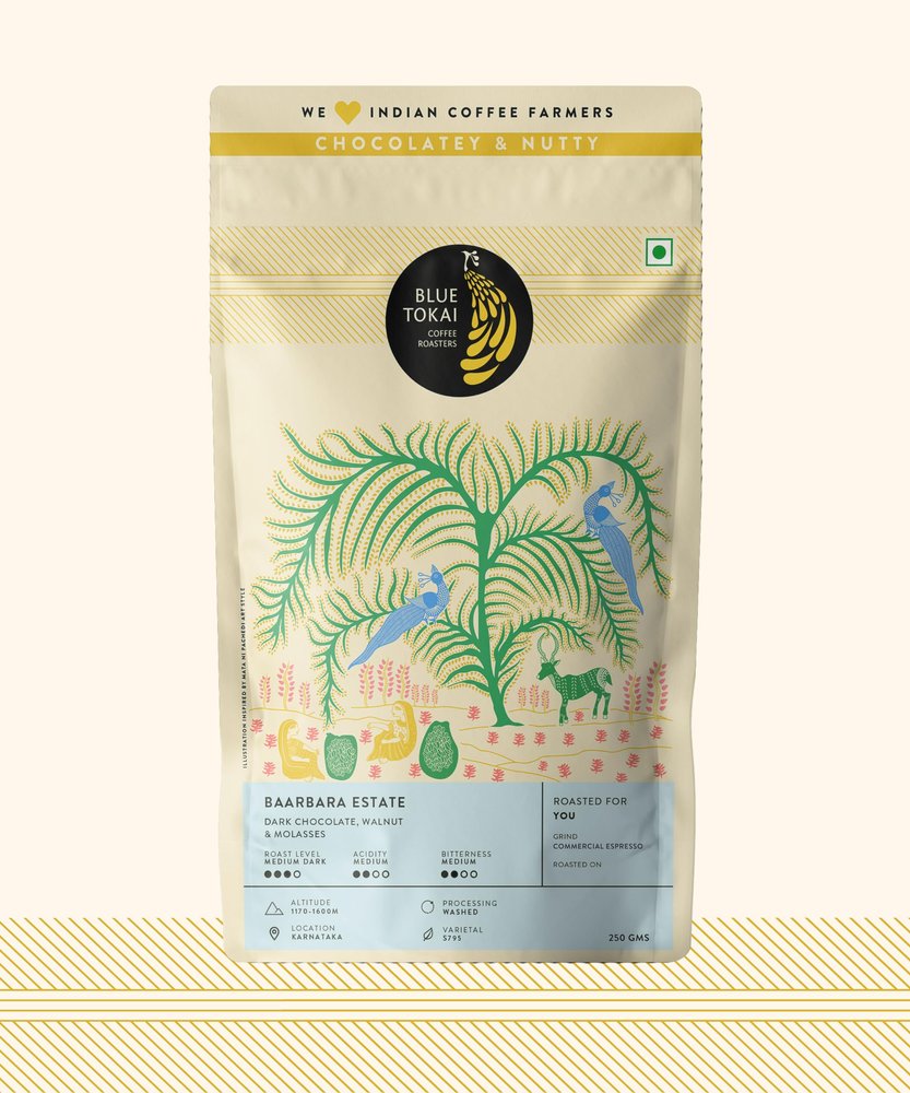 Blue Tokai Coffee Roasters Baarbara Estate - Medium Dark Roast | Commercial Espresso Grind 250g | Rich & Smooth Flavour | 100% Arabica Beans | Specialty Coffee | Freshly Roasted Ground Coffee