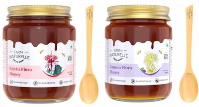 Farm Naturelle -100% Pure 1kg X 2 Pack Jamun Raw Natural Wild Forest Honey & Litchi Flower Forest Honey | Unfiltered 850gm + 150g Extra - Pack of 2 In Glass Jar with Engraved Virgin Wooden Spoon
