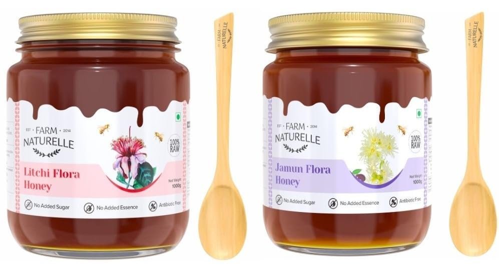 Farm Naturelle -100% Pure 1kg X 2 Pack Jamun Raw Natural Wild Forest Honey & Litchi Flower Forest Honey | Unfiltered 850gm + 150g Extra - Pack of 2 In Glass Jar with Engraved Virgin Wooden Spoon