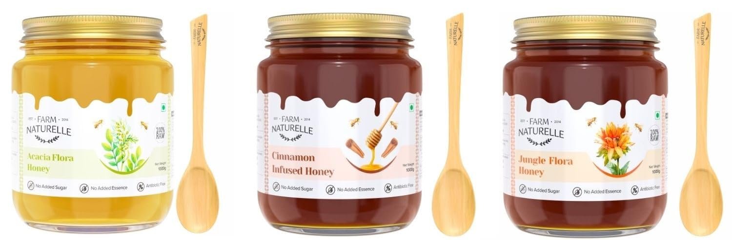 Farm Naturelle- Jungle Acacia/Forest Honey & Infused Cinnamon Honey Wild Forest (Jungle) Honey/100% Pure/Raw/Natural/Un-Processed/Un-Heated/Lab Tested/Glass Bottle (1kg X 3 Pack)