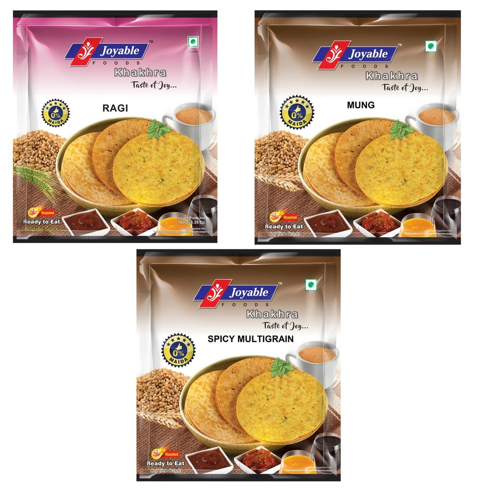 Joyable Diet Khakhra 3 Flavor Combo (Ragi/Nachni, Mung, Spicy Multigrain) | Healthy Traditional Gujarati Snacks | Ready To Use - Pack Of 6, 200 Gms Each