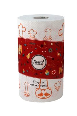 Beeta Kitchen Towel Paper Roll/Printed Kitchen Towel Roll 95 Pulls x 4 Ply (Pack of 3) 350 - Pulls (Assorted or Identical Designs as Per Availability))(Without Dispenser Stand) 100% Natural Fiber