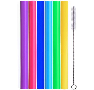 ALINK Reusable Boba Smoothie Straws, 10" Long Extra Wide Fat Silicone Straws for Drinking Bubble Tea, Milkshakes, Set of 6 with Cleaning Brush