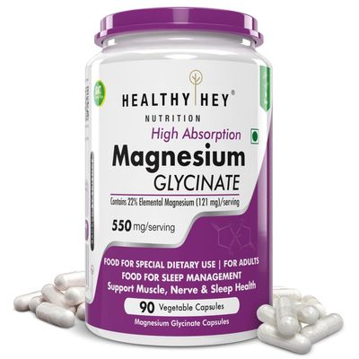 HealthyHey Nutrition Magnesium Glycinate High Absorption for Sleep, Cramps, & Nerves Health - 90 Vegetable Capsules
