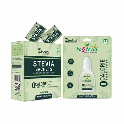 Zindagi Stevia 50 Sachets & Stevia Liquid Drops - Sugar-Free Sweetener - Natural Sugar Subsitute (Stevia Combo Pack)