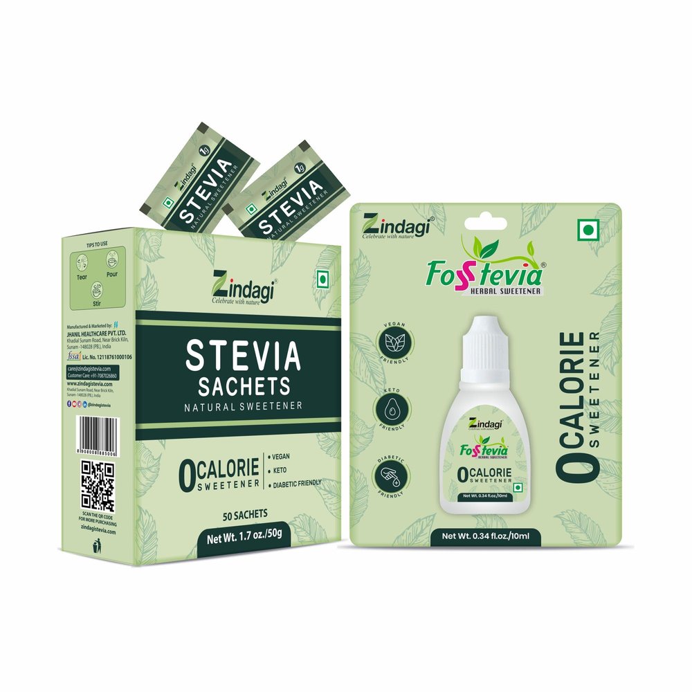 Zindagi Stevia 50 Sachets & Stevia Liquid Drops - Sugar-Free Sweetener - Natural Sugar Subsitute (Stevia Combo Pack)