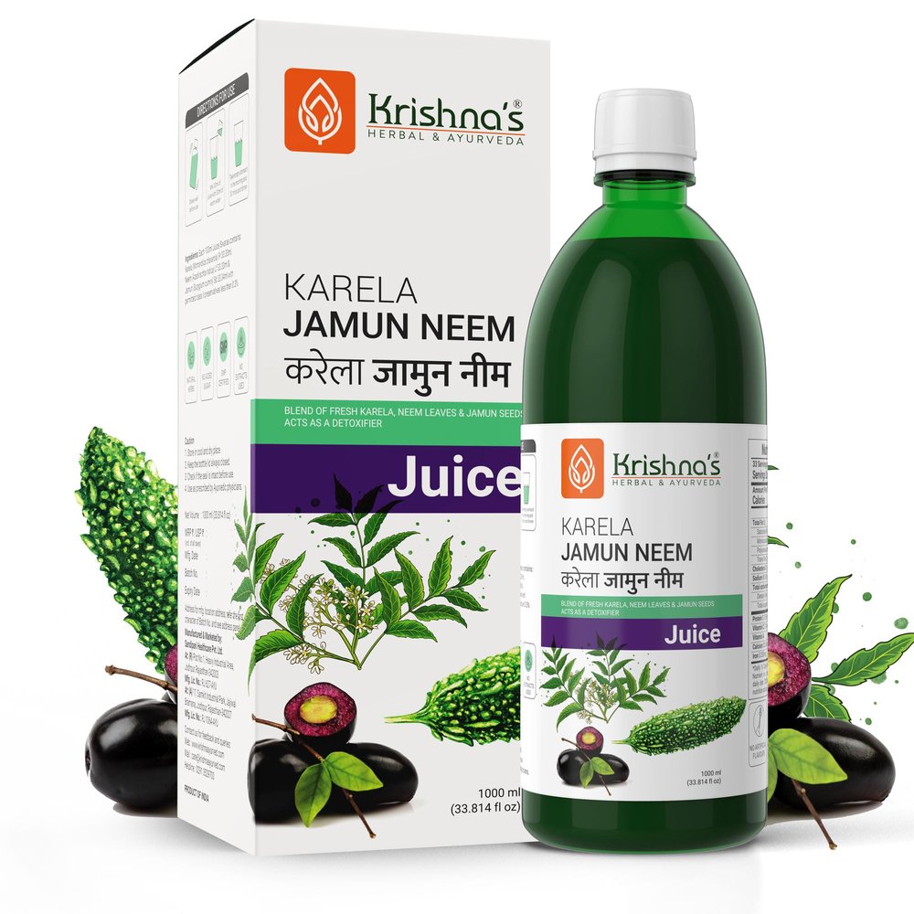 Krishna's Karela Jamun Mix Juice - 1000 ml | Fresh Karela & Jamun Seed | Ayurevedic Formulation to maintain Sugar Level | Enriched with Vitamin C - Vitamin A| Sugar free Juice with No Added Color or Flavour