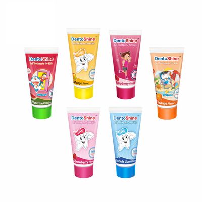DentoShine Gel Toothpaste for Kids - Assorted Flavors (Pack of 6) (Bubble Gum, Mango, Orange, Raspberry, Strawberry, Watermelon (80g each)) | IDA Accepted | Ages 2+