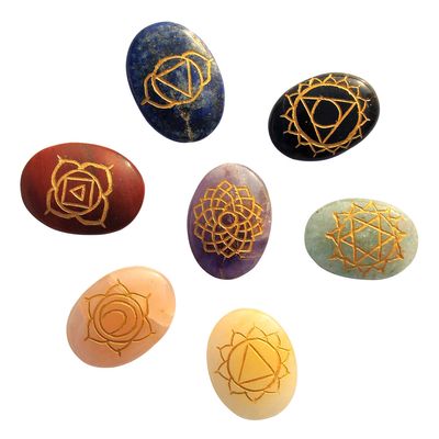 Divine Magic Healing Crystals with Engraved 7 Chakra Symbols - for Good Luck, Health, Wealth, Prosperity and Spiritual Bliss (Set of 7 Stones)