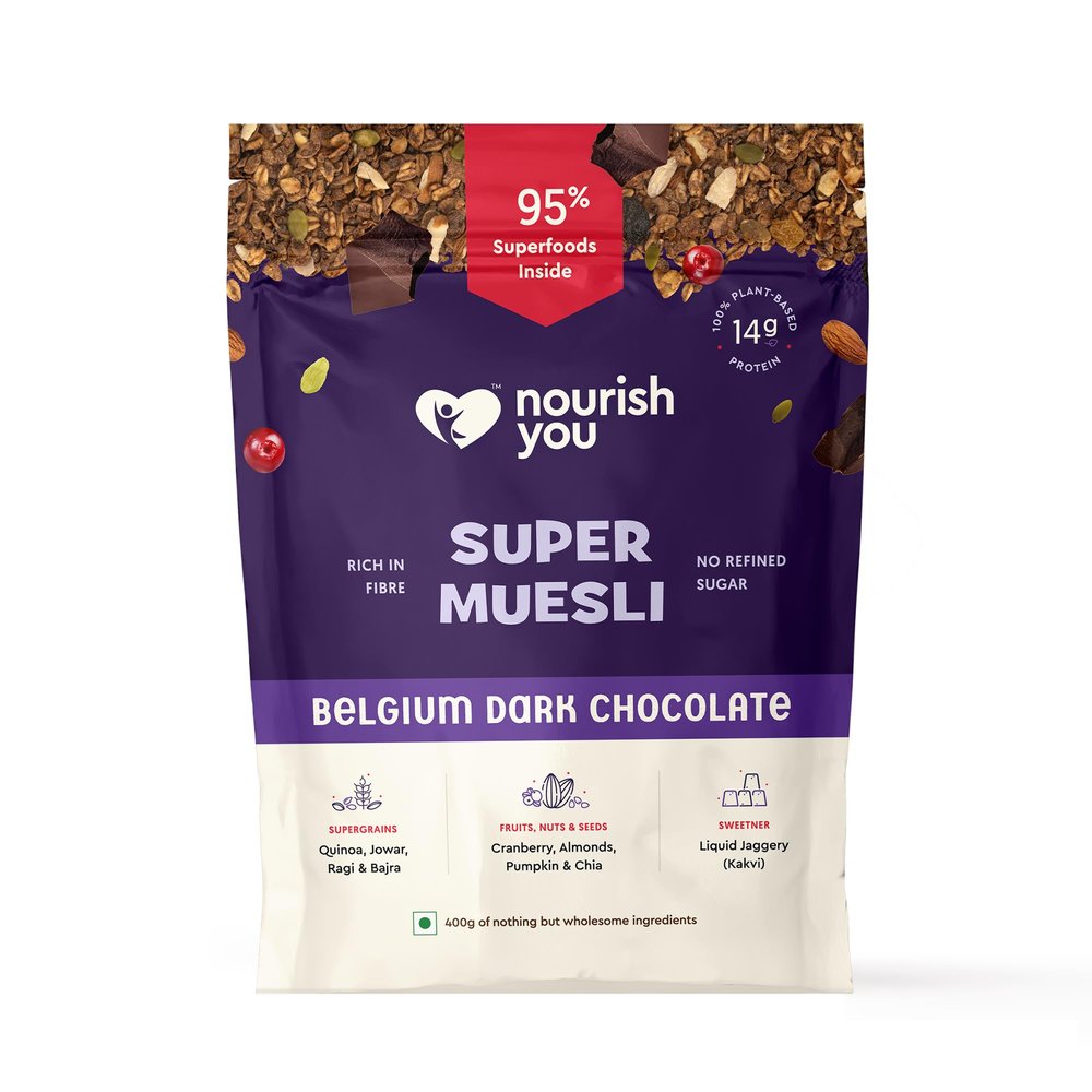 Nourish You Super Muesli Belgium Dark Chocolate 400g | High Protein Breakfast | With Raisins, Almonds, Oats & Belgium Dark Chocolate | No Refined Sugar | Breakfast Cereal | with Supergrains Quinoa , Jowar , Bajra , Ragi |