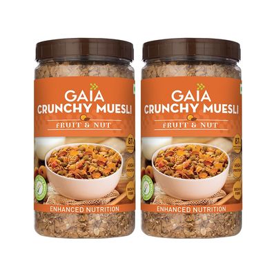 Gaia Crunchy Fruit and Nut Muesli 1 KG Jar (Pack of 2) - The Deliciously Crunchy & Nutritious Breakfast Cereals Packed with Fibre, Iron & Antioxidants Serves As The Nourishing, Tasty Breakfast Option.