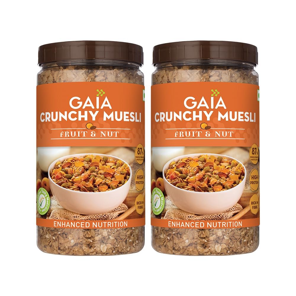 Gaia Crunchy Fruit and Nut Muesli 1 KG Jar (Pack of 2) - The Deliciously Crunchy & Nutritious Breakfast Cereals Packed with Fibre, Iron & Antioxidants Serves As The Nourishing, Tasty Breakfast Option.
