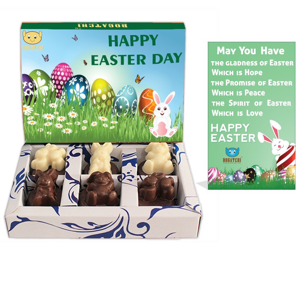 BOGATCHI Chocolate Dark ad White Bunnies , Easter Chocolate Bunnies, Chocolate Bunnies for Easter Celebrations, 6 Pieces + Free - Happy Easter Greeting Card