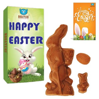 BOGATCHI Happy Easter Chocolates - Dark Chocolate Big Bunny with 1 Dark Chocolate Egg and Baby Bunny + Free - Happy Easter Greeting Card