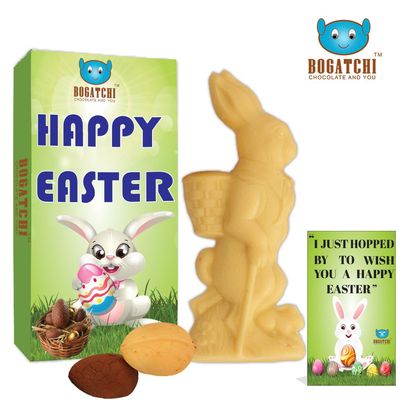 BOGATCHI Happy Easter Chocolates - White Chocolate Big Bunny with 1 White and 1 Dark Chocolate Eggs + Free - Greeting Card for Happy Easter