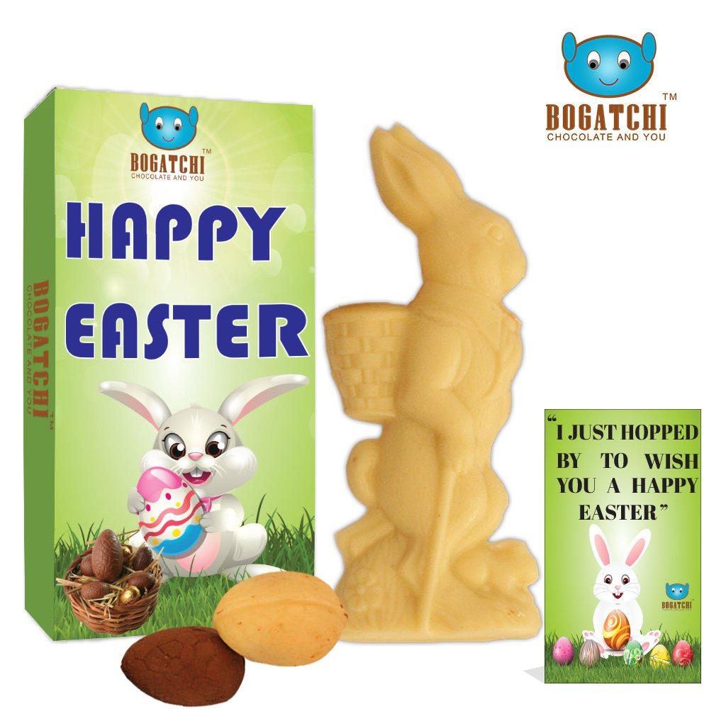 BOGATCHI Happy Easter Chocolates - White Chocolate Big Bunny with 1 White and 1 Dark Chocolate Eggs + Free - Greeting Card for Happy Easter