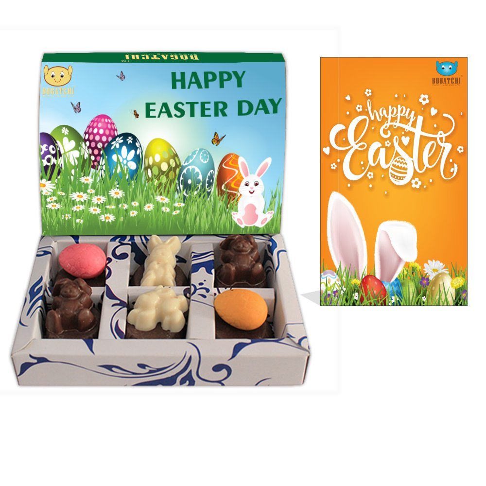 BOGATCHI Chocolate Eggs and Bunnies, Easter Eggs and Bunnies, Chocolate Eggs and Bunnies for Easter Celebrations, 6 Pieces + Free - Easter Greeting Card