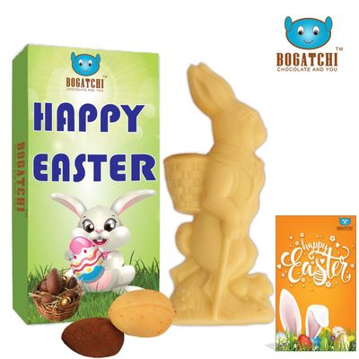 BOGATCHI Happy Easter Collection - White Chocolate Big Bunny with 1 White and 1 Dark Chocolate Eggs + Free - Greeting Card for Happy Easter