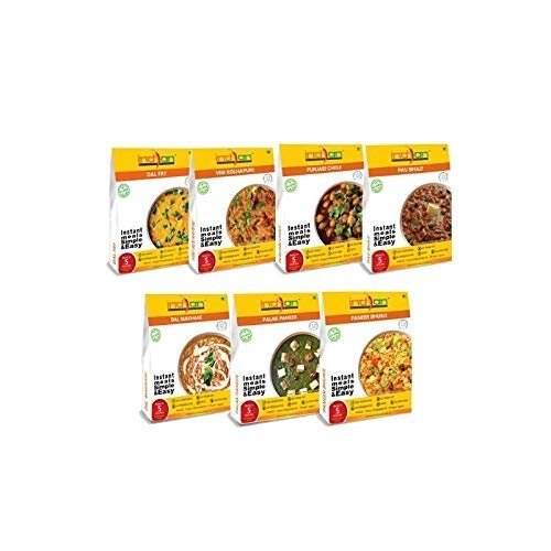 Indian Kitchen Foods Each Packet of Chole, Dal Fry, Dal Makhani, Paneer Bhurji, Veg. Kolhapuri, Palak Paneer,Pav Bhaji, Freeze, Dried, Gluten-Free, Ready to Eat Food, Curry Combo, 7 Count