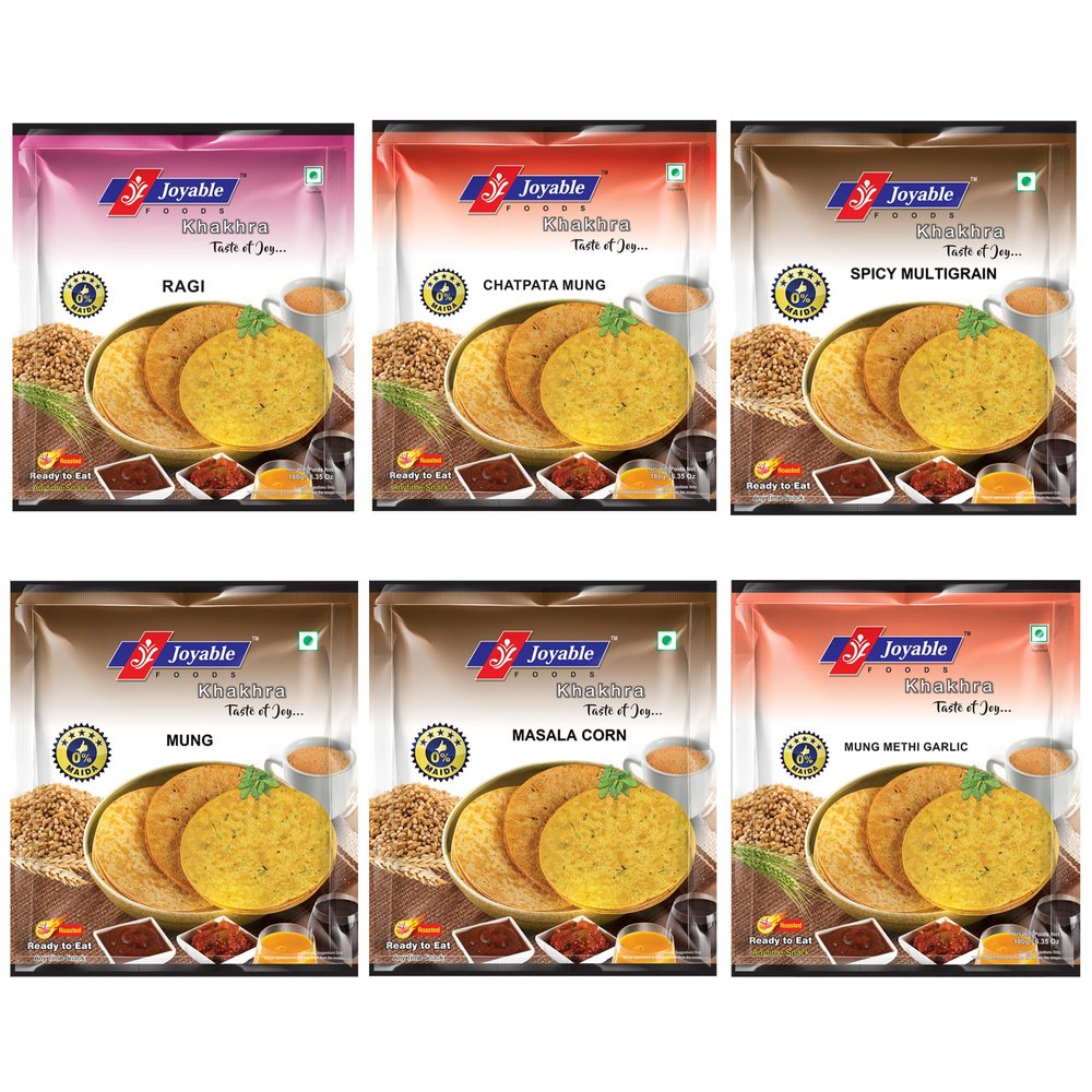 JOYABLE Diet Khakhra 6 Flavor Combo (Corn, Ragi/Nachni, Multigrain, Mung, Chatpata Mung, Mung Methi Garlic) | Healthy Traditional Gujarati Snacks | Ready To Use - Pack Of 6 - Corn, Ragi, 1200 grams