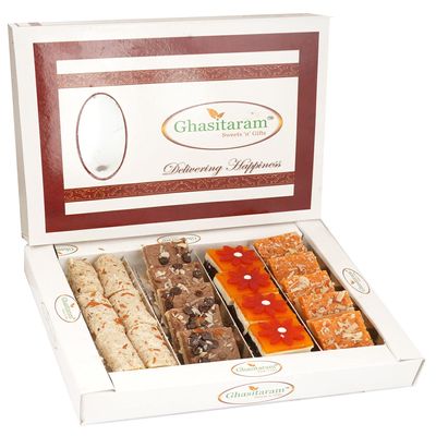 Ghasitaram Gifts Assorted Box of Kaju Chocolate Barfi,Mango Bite,Kaju roll and Kaju Orange delight 400 gms|Gift for Diwali,Holi,Valentine,Birthday,Anniversary,Gift for Her,Him,Mothers Day,Fathers Day|