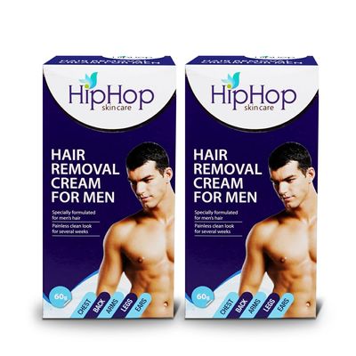 HipHop Hair Removal Cream for Men (Pack of 2) with Aloe Vera Extract for Soothing Skin, Suitable for All Skin Types - 60 g Each