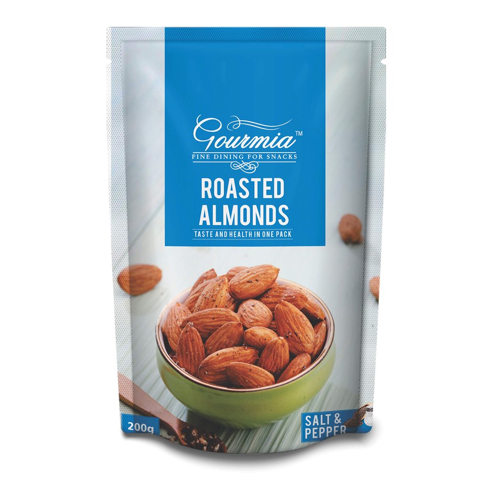 Gourmia Roasted Almonds Salt & Pepper 200g | Large Size | Black Pepper Flavoured Roasted Almond | Crunchy Kali Mirch Badam Snack | Nutritious | Low Added Salt | Rich in Protein | Healthy Snacking