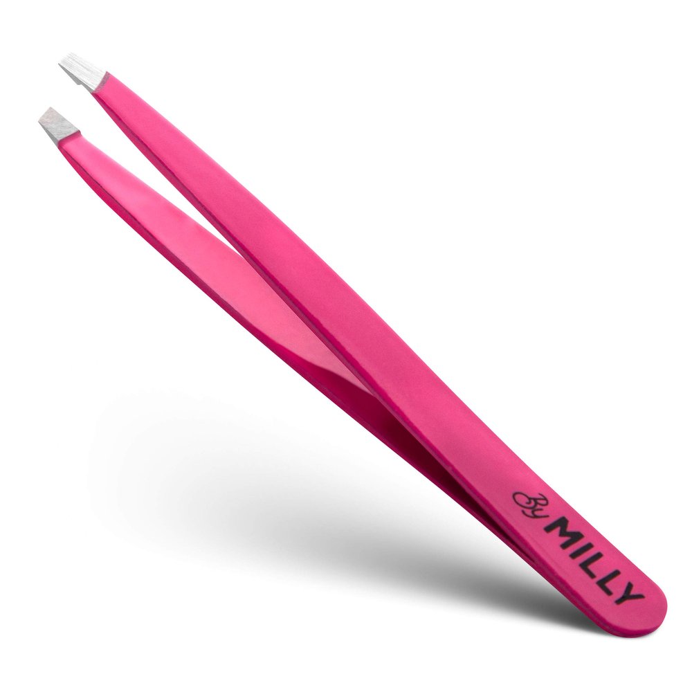 By MILLY Pink: Slant Tweezers | Stainless Steel | Perfectly Aligned And Hand-Filed Slanted Tips For Ultra Precision | Tweezers For Eyebrows | For Men And Women | Effortless Plucking | Prof