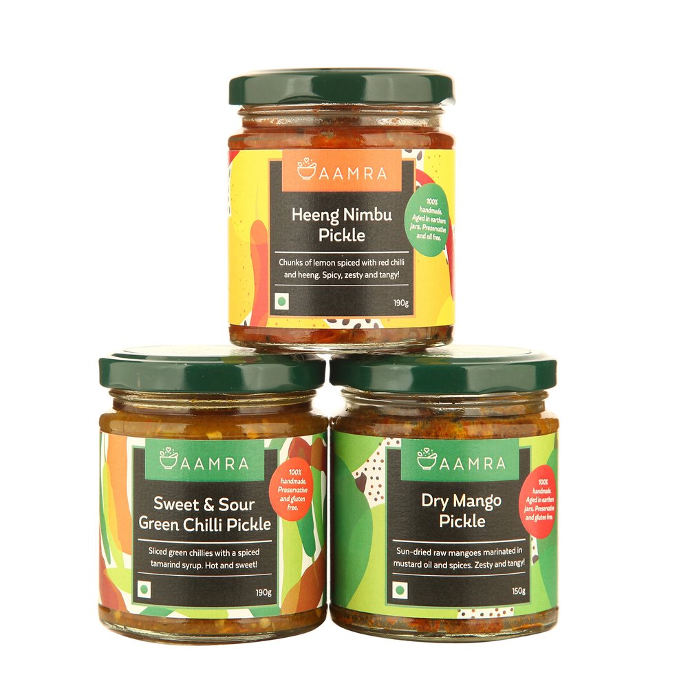 Aamra Homemade Heeng Nimbu Pickle 190gm, Aamra Homemade Sweet & Sour Green Chilli Pickle 190gm, Aamra Homemade Dry Mango Pickle 150gm (Combo of 3 Traditional Pickles)