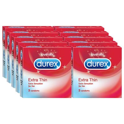 Durex Extra Thin Condoms for Men - 3 Count (Pack of 10) |Suitable for use with lubes & toys