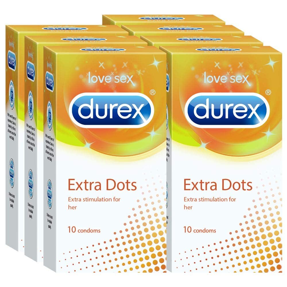 Durex Extra Dotted Condoms for Men - 10 Count (Pack of 7) | Ribbed and Dotted for Extra Stimulation | Suitable for use with lubes & toys