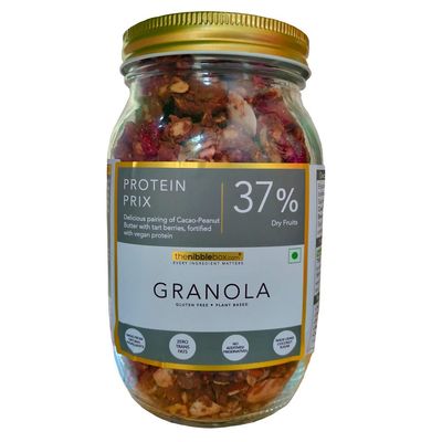 thenibblebox Protein Prix Granola, 500g Jar [37% dry fruits, gluten free, vegan friendly, no refined sugar] 6.6g protein per serving
