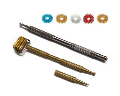 ACi Acupressure Health Care India Sujok Probe Metal Roller, Dismandable Diagnostic Jimmys, Sujok Rings, Metal Roller - Silver and Gold