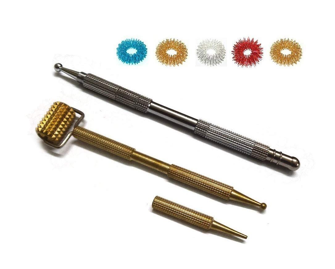 ACi Acupressure Health Care India Sujok Probe Metal Roller, Dismandable Diagnostic Jimmys, Sujok Rings, Metal Roller - Silver and Gold