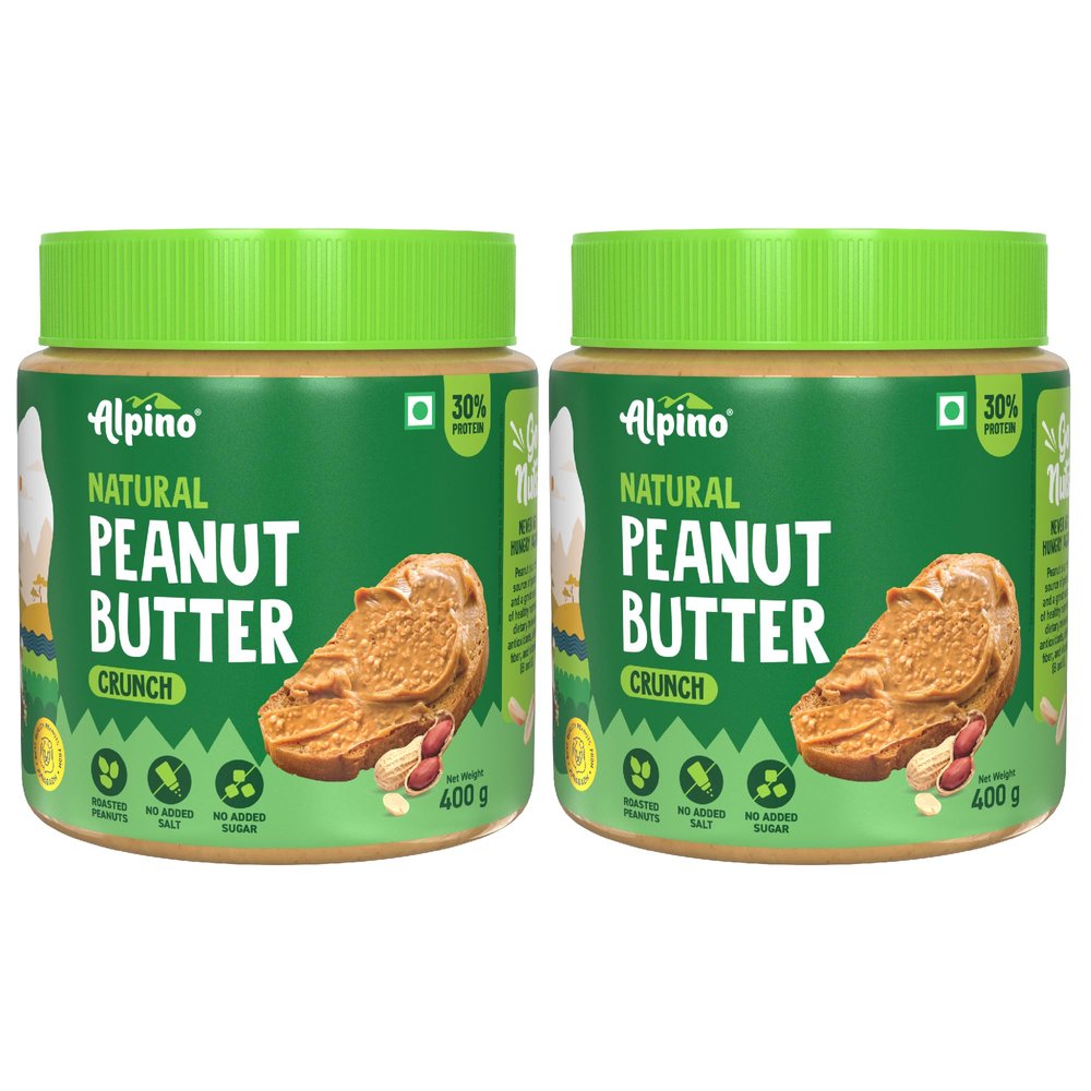 ALPINO Natural Peanut Butter Crunch Unsweetened 800g (Pack of 2) 100% Roasted Peanuts - 30g Protein, No Added Sugar & Salt, Gluten Free Plant Based