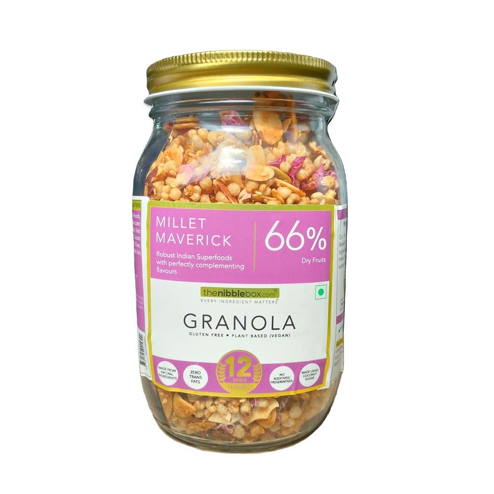 thenibblebox Millet Maverick Granola, 250g Jar [66% dry fruits, gluten free, vegan friendly, no refined sugar]