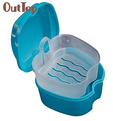 NavaFresh Basics Blue: Denture Bath Box Case Dental False Teeth Storage Box with Hanging Net Container 0325B5Down td128