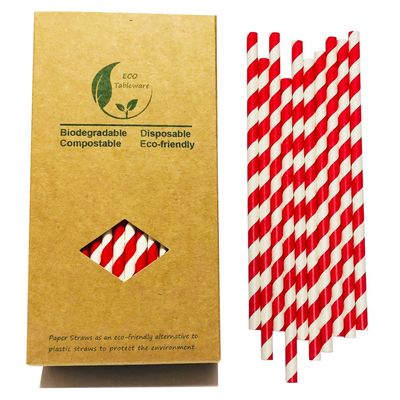 BOFA Eco Tableware Bright Red and White Stripes Barber Drinking Paper Straws Biodegradable Food Grade, 7.75 Inch Light Red Stripes for Daily Use,Pajitas para Beber (100 Pack)