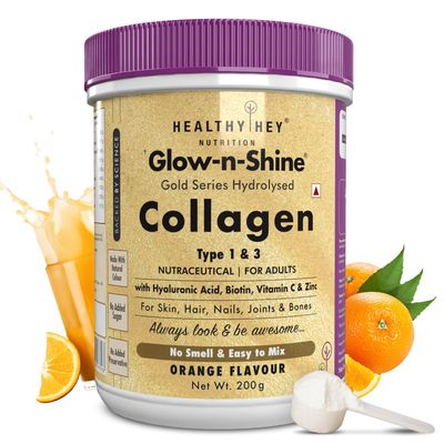 HealthyHey Skin Glow-n-Shine Collagen Powder 200g | Hydrolysed Collagen for Women and Men with Hyaluronic Acid, Biotin and Vitamin C for Healthy Skin, Hair and Nails - (Orange, 200gm)