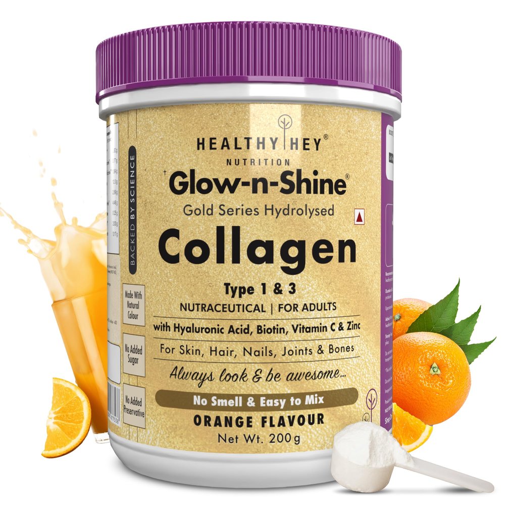 HealthyHey Skin Glow-n-Shine Collagen Powder 200g | Hydrolysed Collagen for Women and Men with Hyaluronic Acid, Biotin and Vitamin C for Healthy Skin, Hair and Nails - (Orange, 200gm)