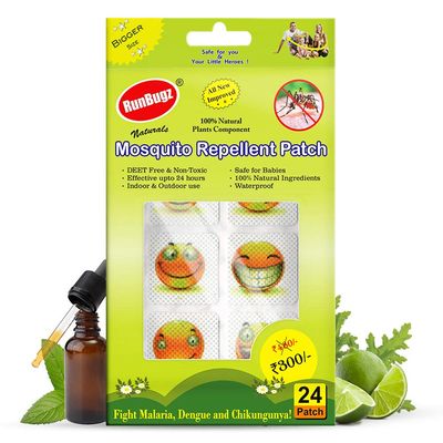 Runbugz Anti-Mosquito Smiley Patches for Babies, 24 count | Natural Protection from Disease Spreading Mosquitoes | 12 Hours of Protetcion | Free from DEET, Alcohol and Stains