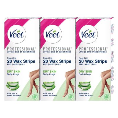 Veet Professional Waxing Strips Kit for Dry Skin, 20 Strips (Pack of 3) | Gel Wax Hair Removal for Women | Up to 28 Days of Smoothness | No Wax Heater or Wax Beans Required