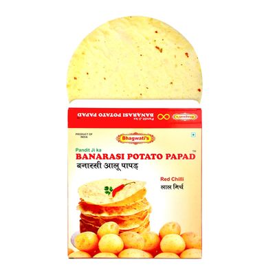 Banarasi Aloo Papad Potato Papad Red Chilli/Lal Mirch 250Gms | Handmade | Ready To Cook | 100% Vegetarian Indian Namkeen Snack | Crunchy Red Chilli Potato Papad