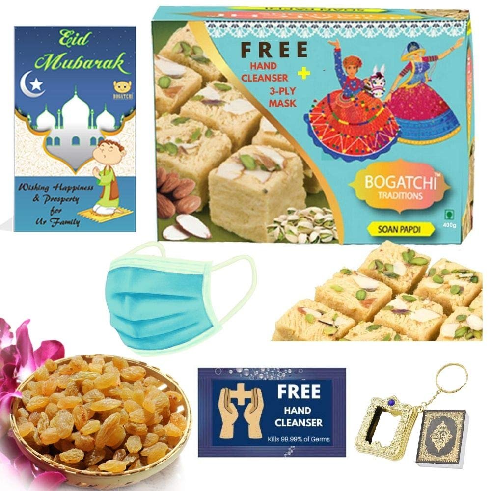 BOGATCHI Eid Mubarak Gift Pack, Premium Eid Special Gift for Family, Sweets and Dry Fruits for Eid, Traditional Soan Papdi (250g)+ Afgani Raisins (100g) + Free Eid Mubarak Greeting Card