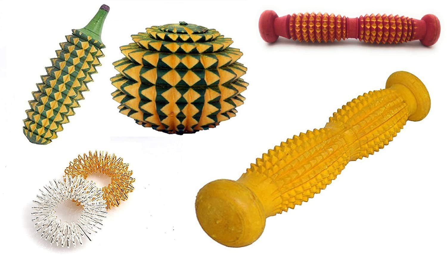 ACi Acupressure Wooden Foot Roller + Karela + Ball + 2 Ring
